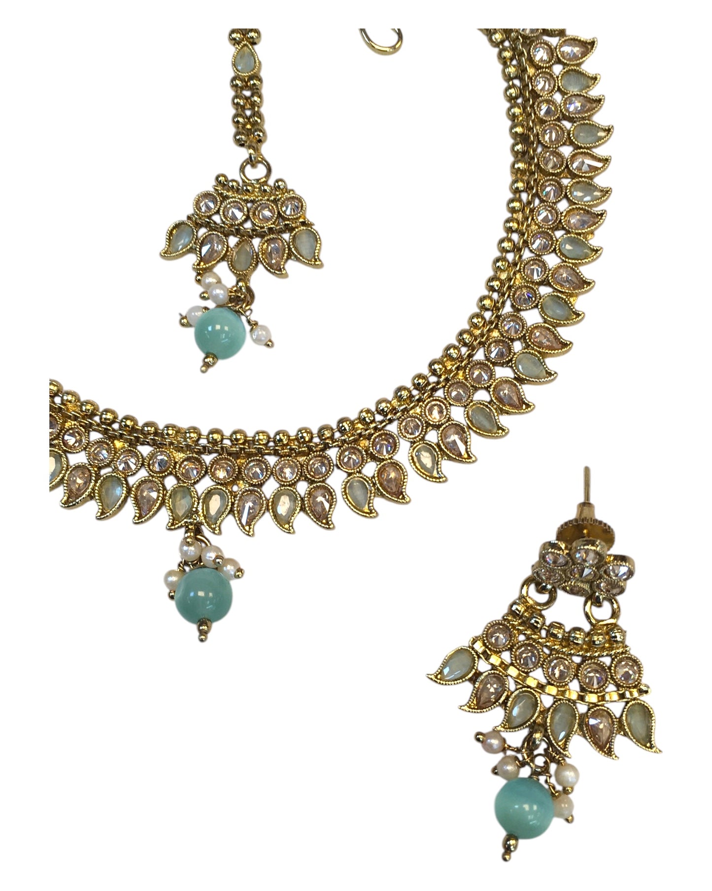Sea Green - Antique Gold Finish Necklace & Earrings Set - Bollywood - Weddings - KAJ1018 11C24