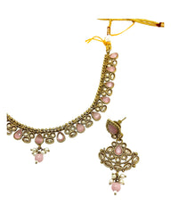 Pink - Small Size Antique Gold Finish Necklace Set with Earrings - Bollywood - AE2518 08A25