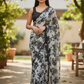 Black Floral - Classic Satin Crepe Saree with Stone Work and Blouse Piece - UK stock - 24hr Dispatch - RS2515 VJ