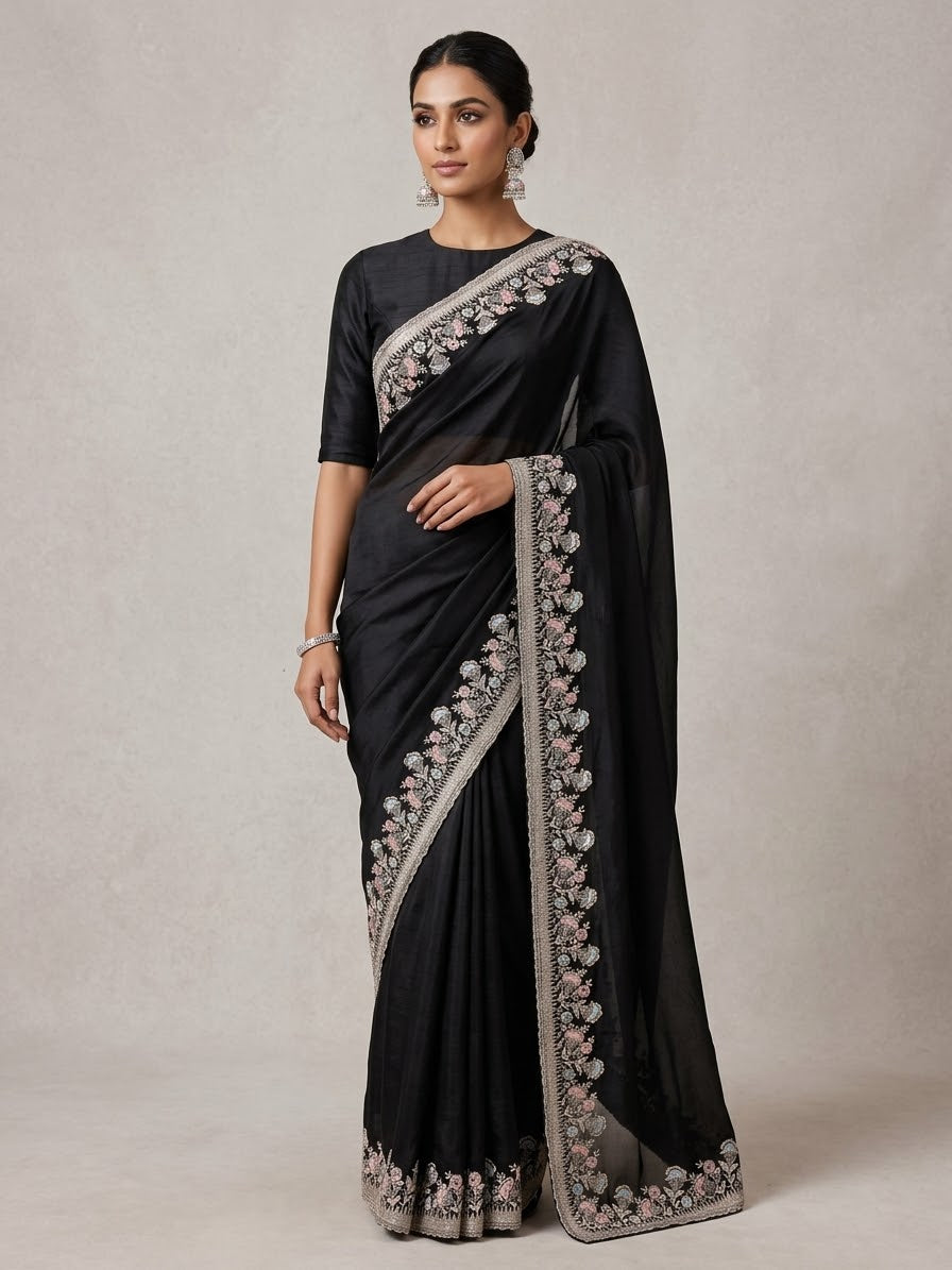 Black - Fancy Party Saree with Blouse Piece - UK stock - 24hr Dispatch - SP2607 KH
