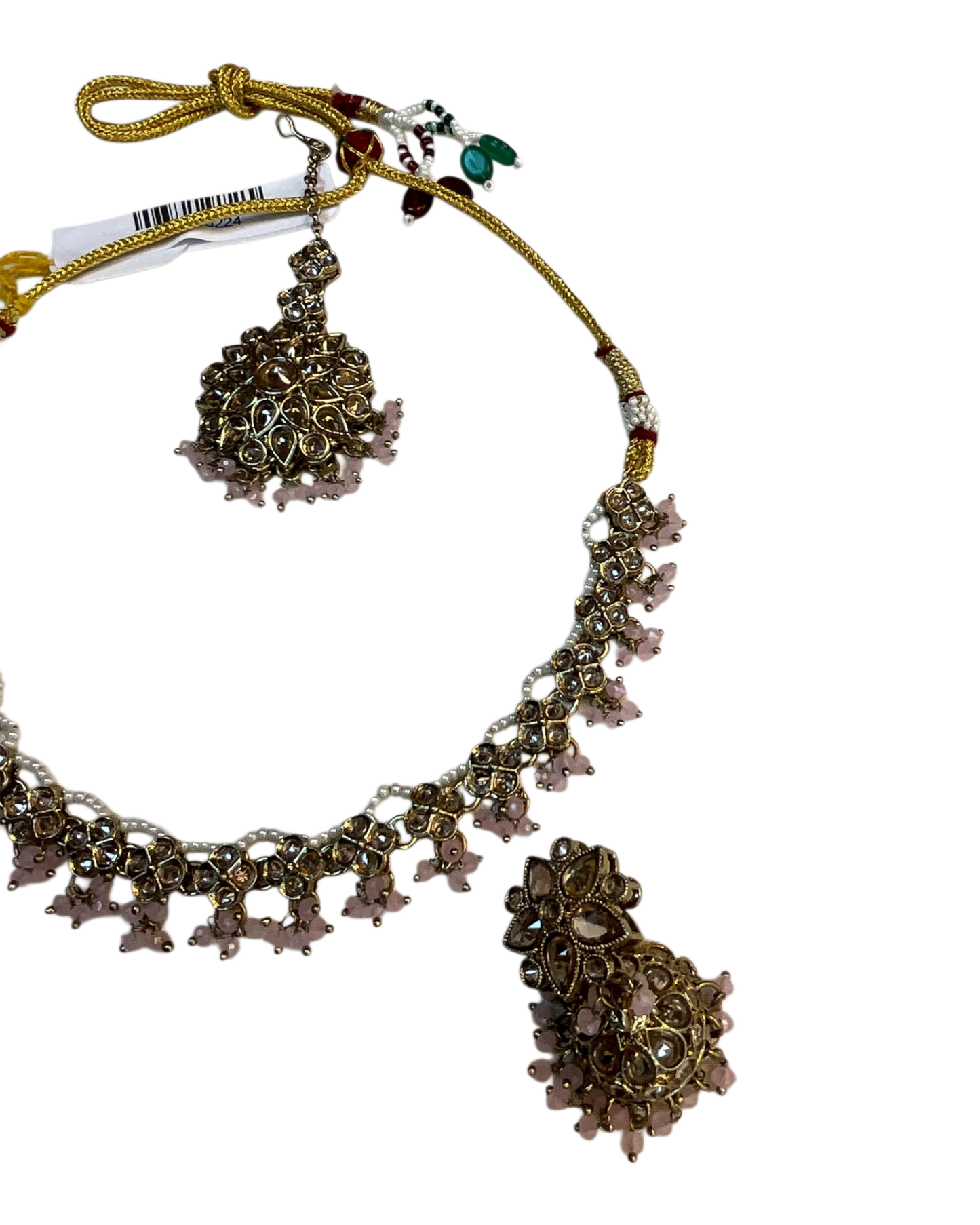 Pink - Medium Size Antique Gold Finish Necklace Set with Earrings & Head Piece - RAK436 04A26