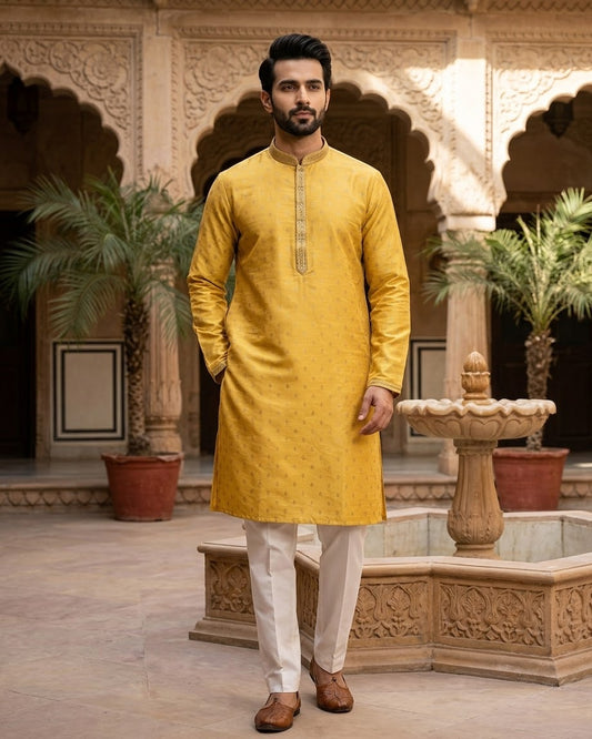 Pastel Yellow - Banarasi Handloom Brocade Mens Indian Kurta set with Trousers - UK Stock - Weddings / Walimas , Sangeet, Diwali, Eid, Mehndi / Henna - VEE3009 VV