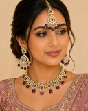 Purple - Large Size Antique Gold Finish Necklace Set with Earrings & Tika (Head Piece) - UK Stock - JIG86 08C25