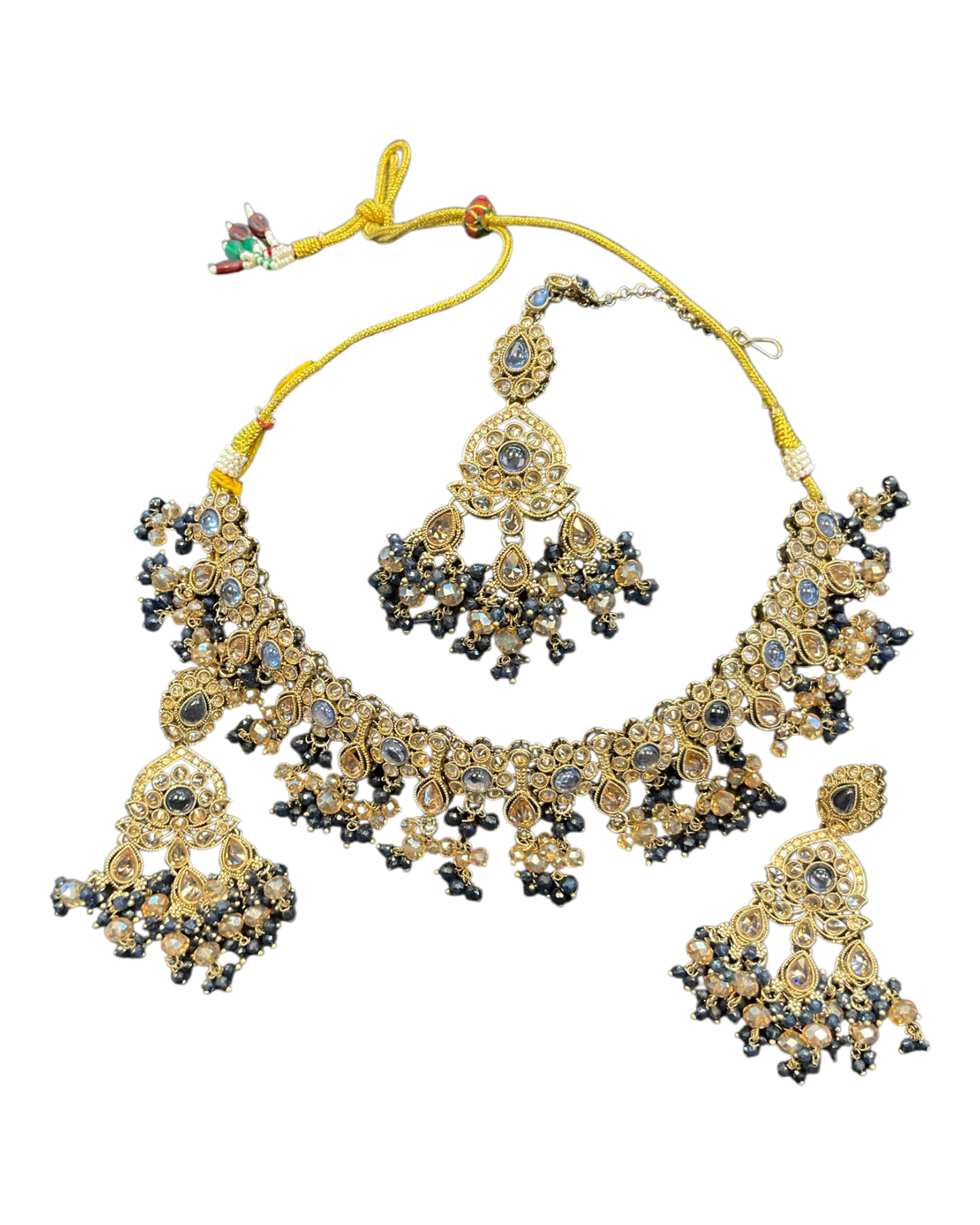 Blue - Large Size Antique Gold Finish Necklace Set with Earrings & Head Piece - Bollywood - AE2513 08KK25