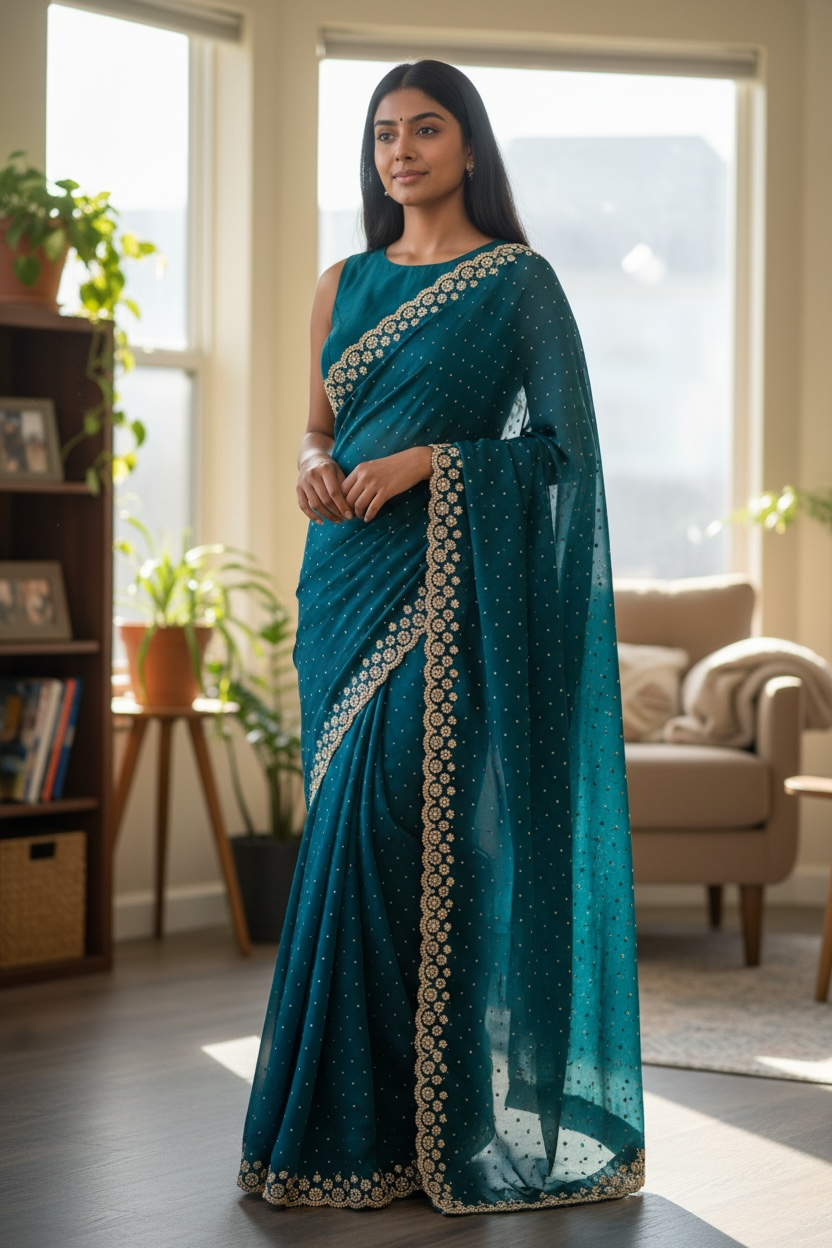 Turquoise Blue - Rich Saree with Stone Work and Blouse Piece - UK stock - 24hr Dispatch - RS2514 VC