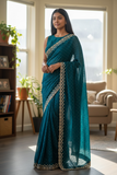 Turquoise Blue - Rich Saree with Stone Work and Blouse Piece - UK stock - 24hr Dispatch - RS2514 VC