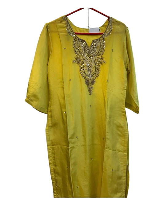 UK14 / 40" - Lemon Yellow - Silky Ladies Trousers Suit - Sangeet / Henna / Temple - KCS250190 TY