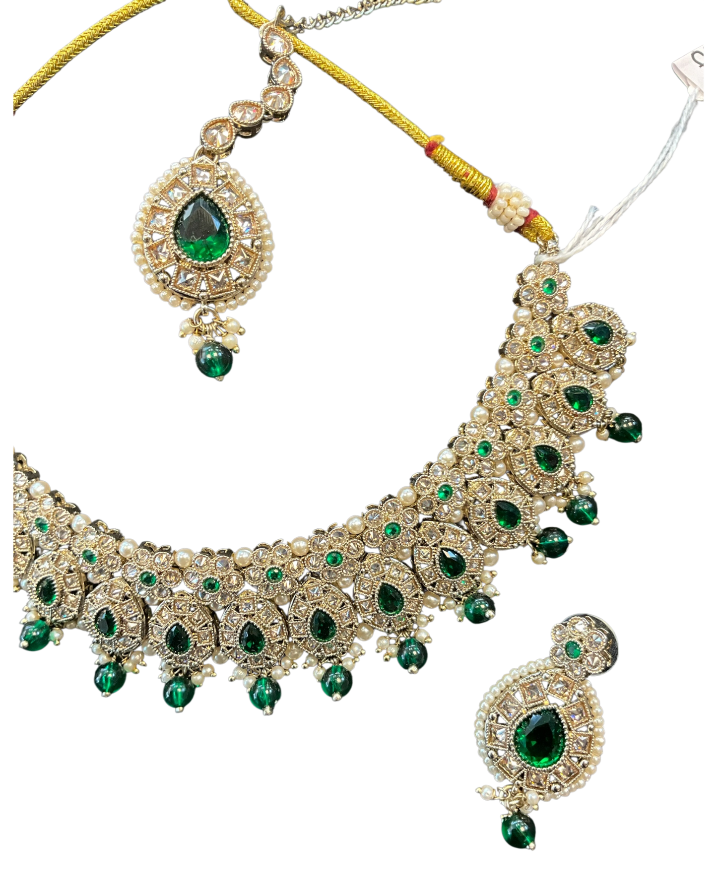 Green - Large Size Antique Gold Finish Necklace Set with Earrings & Head Piece - 6NS591 03KT26