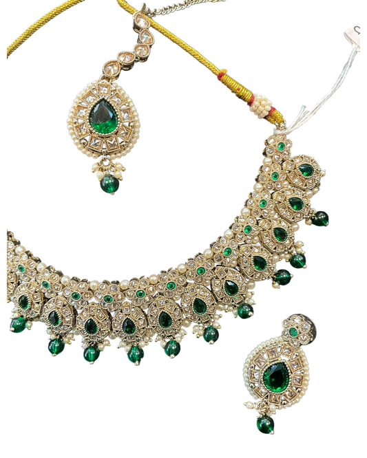 Green - Large Size Antique Gold Finish Necklace Set with Earrings & Head Piece - 6NS591 03KT26