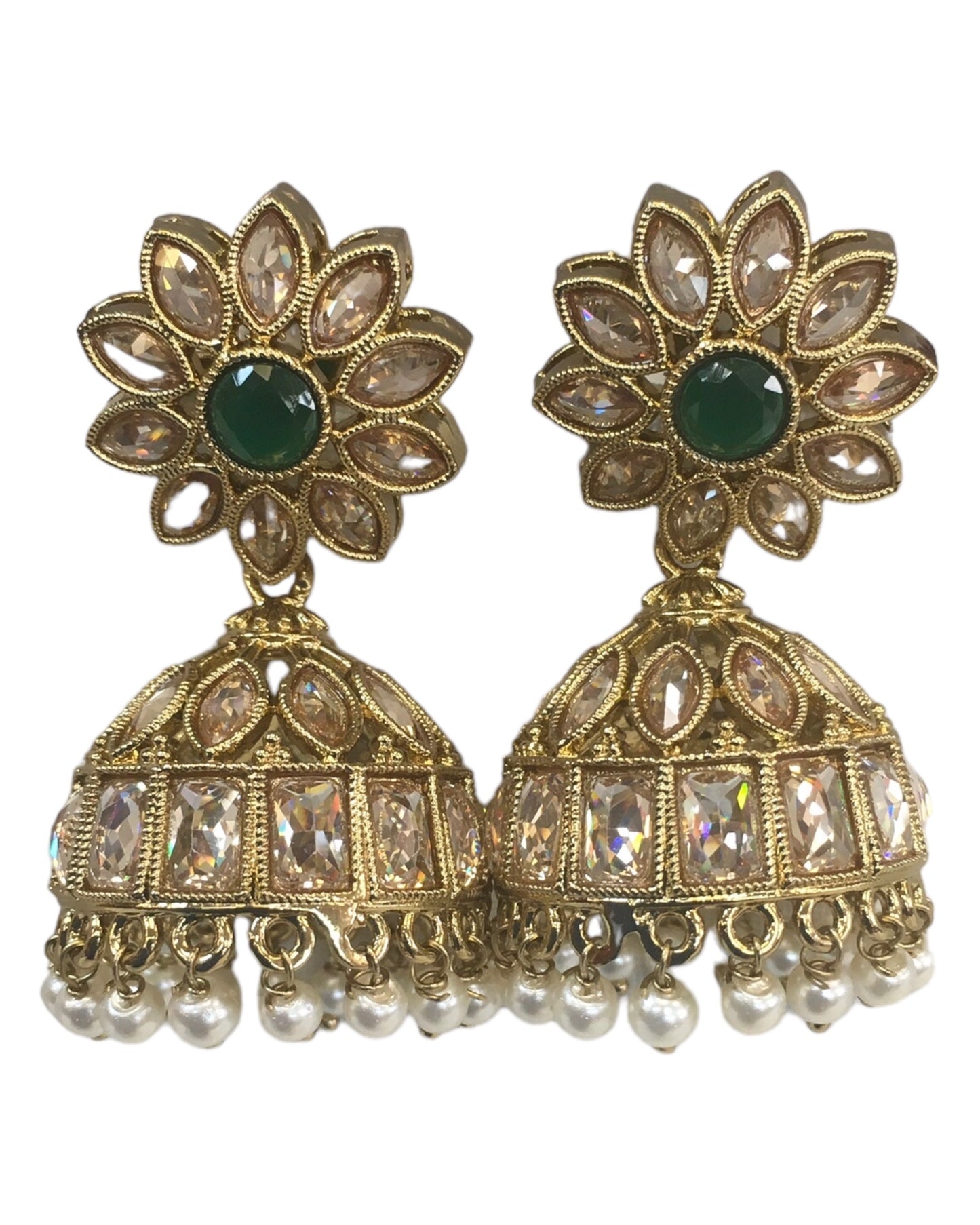 Green - Medium - Antique Gold Finish Traditional Zhumki Earrings - Bollywood - Weddings - SV2409 Rp 0724