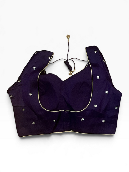 Size 40" / UK 14 - Purple - Zari Embroidered Silk Blouse with Elbow-Length Sleeves - UK Stock - With Margin inside - VAM1296 - KY