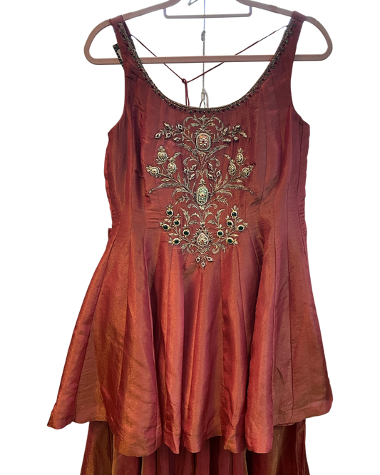 Rust / Orange - Designer Ladies Medium Spaghetti Top Palazzo Trousers Suit - Size 12 (38") - VMK KRUPA RJ