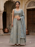 UK 12 / 38" - Pastel Light Grey / Silver - Designer Ladies Indian Short Top Palazzo Trousers Suit - UK Stock - 2/3 days delivery - VMK Jivika AV