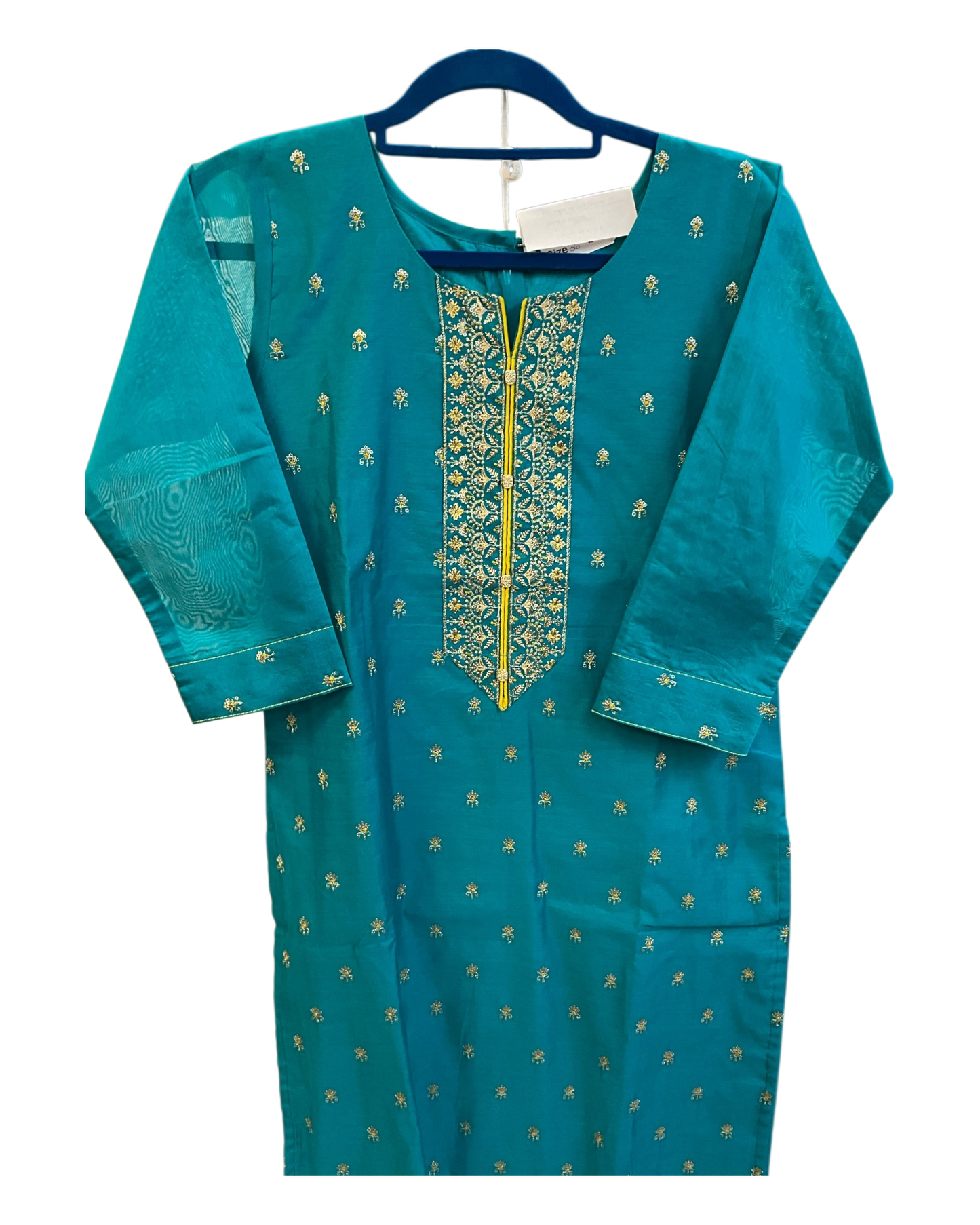 UK10 / 36" - Turquoise Blue with Yellow Dupatta - Cotton Silk Ladies Trousers Suit - Sangeet / Henna / Temple - KCS250176 KC
