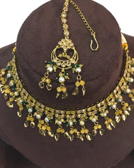 Yellow - Medium Size Antique Gold Finish Necklace Set with Earrings - HB1000  KY 0424