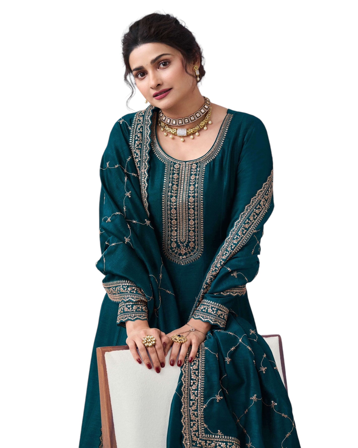 Cotton / Silky Teal Anarakali  Long Dress with Trousers - Size 10 (Bust 36") - VF67741 TY 1024