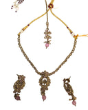 Pink - Small Size Antique Gold Finish Necklace Set with Earrings - SLV45  Ap 0424