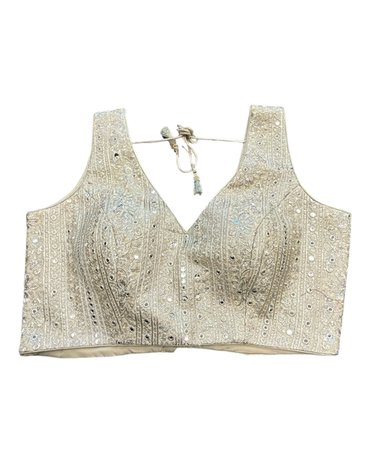 Size 40" / UK 14 - Light Gold - Prachy Creations — Elegant Sequin & Mirror Embellished Designer Saree Blouse - UK Stock - With Margin inside - VAM394 - KJ