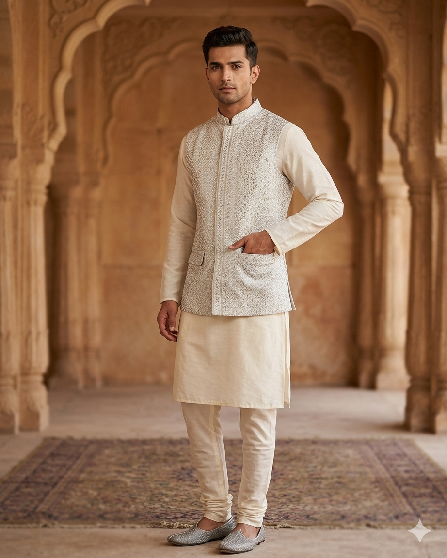 Cream / Off White - All Over Embroidered - Mens Indian Waistcoat - UK Stock - 24 hr Dispatch - KCS4835 06KA26
