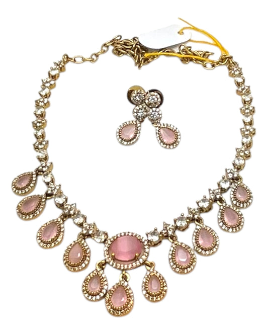 Baby Pink - Small - Antique Gold Finish Necklace Set with Earrings & - AE2521 08KK25