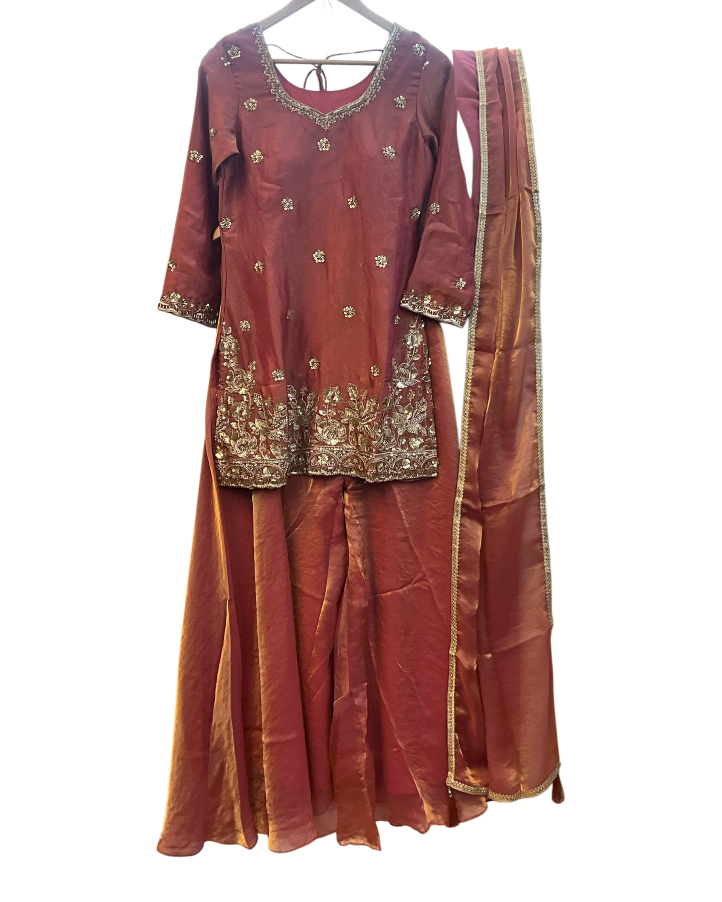UK 10 / 36" - Coral - Silky Brocade Ladies Sharara / Palazzo Trousers Suit - Sangeet / Henna / Temple - JF1234 05TC26