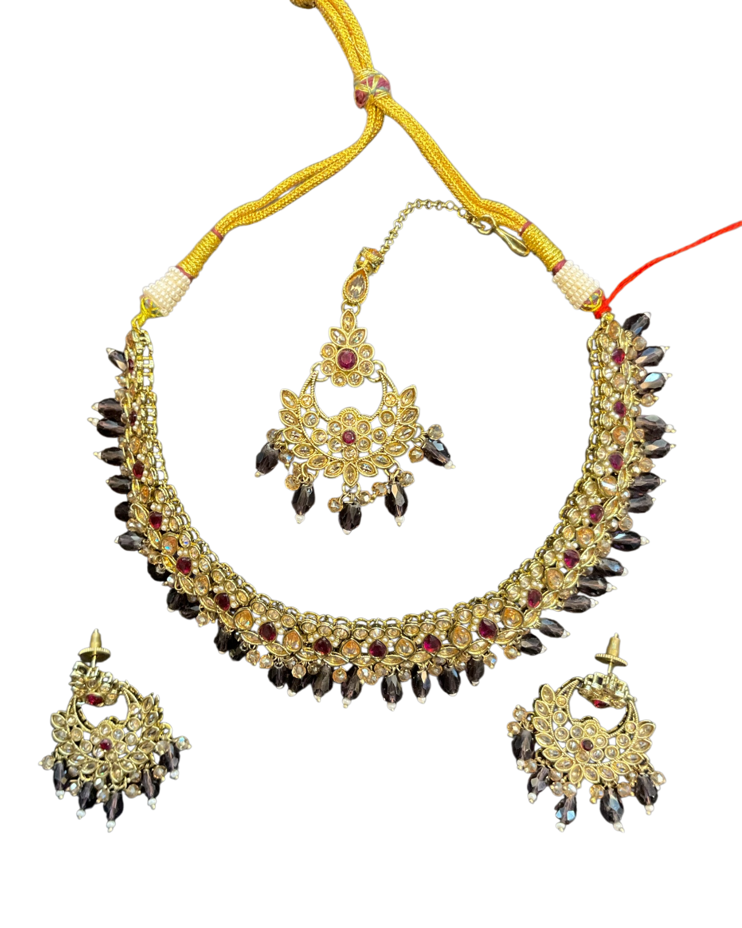 Magenta / Purple - Medium Size Antique Gold Finish Necklace Set with Earrings - RZ31 KYp