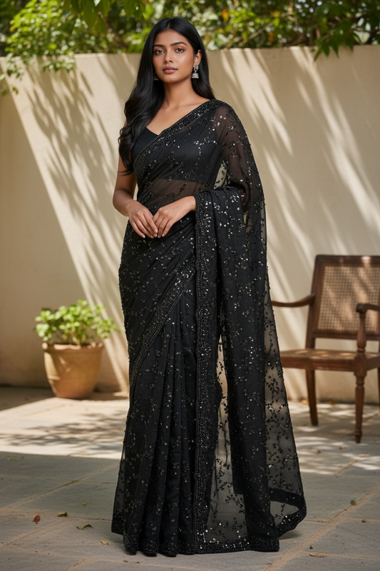 Black - Rich Saree with Allover Sequins Work and Blouse Piece - UK stock - 24hr Dispatch - RS2503 JV