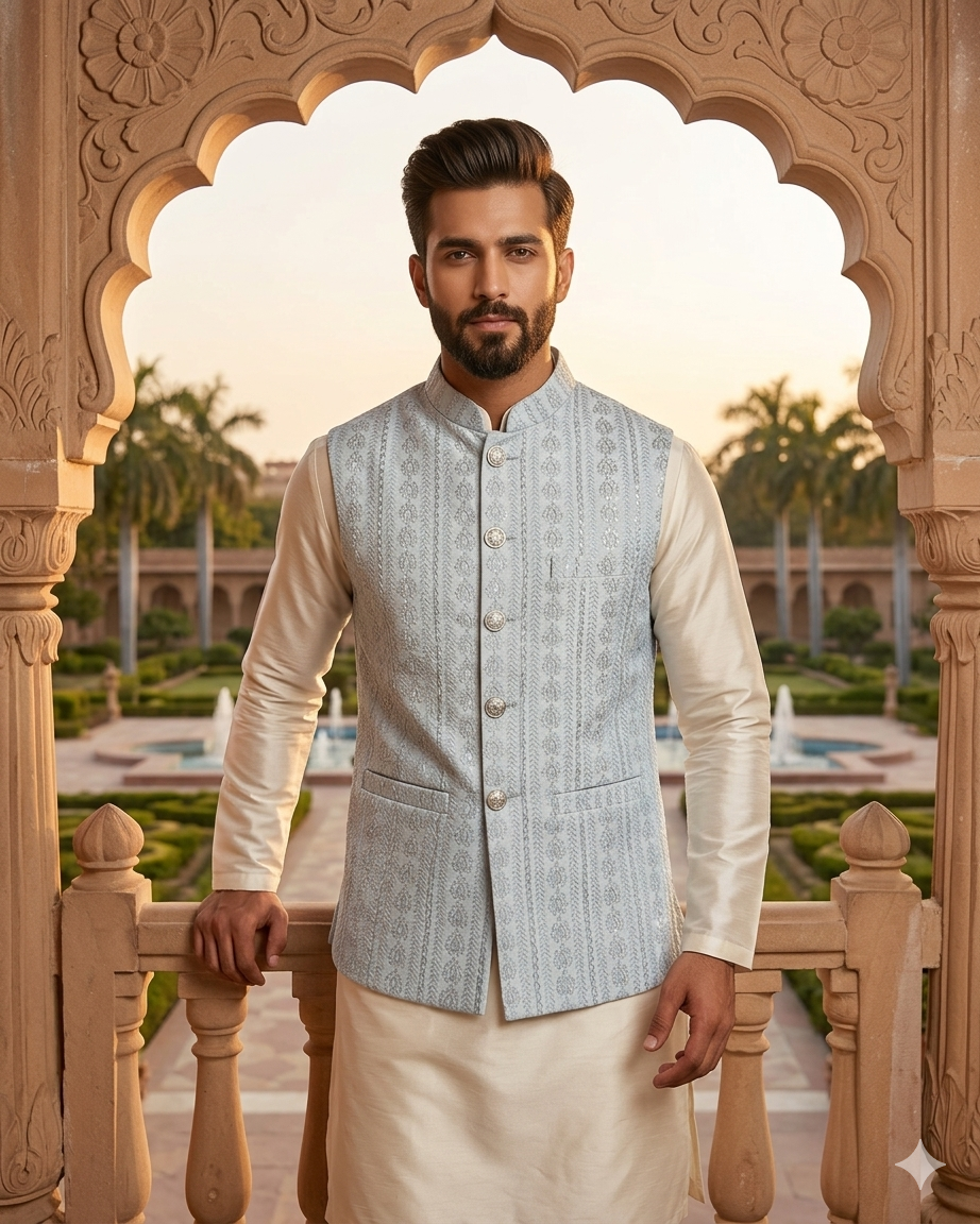 Silver / Pastel Grey - All Over Embroidered - Mens Indian Waistcoat - UK Stock - 24 hr Dispatch - KCS4089 06KC26
