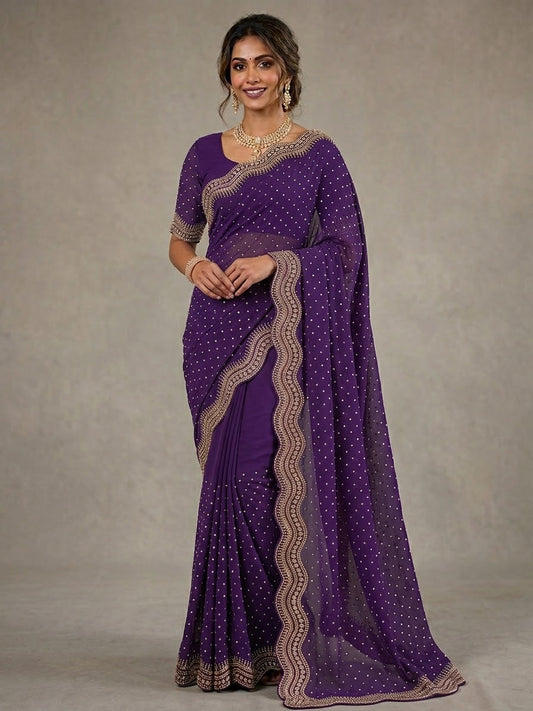 Purple - Saree with Thread / Stone Work and Blouse Piece - UK stock - 24hr Dispatch - SP2611 VP