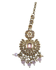 Pink - Large - Antique Gold Finish Traditional Tika Head piece - Bollywood - Weddings - PRI1773  11V24