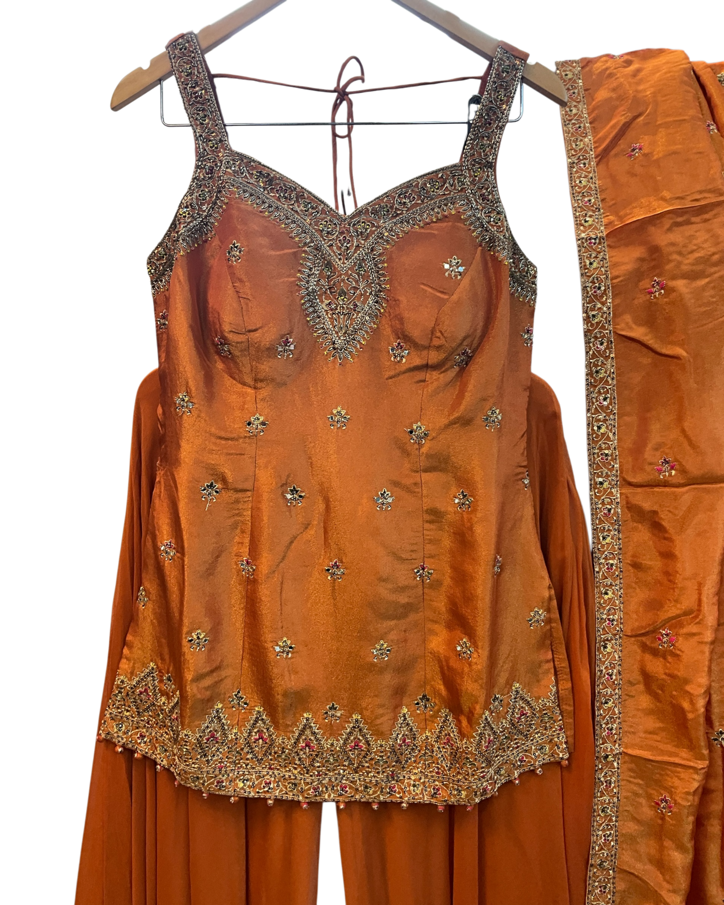 Size 12 (38") - Rust / Burnt Orange - Designer Ladies Medium Length Sleeveless Top Palazzo Trousers Suit - VMK Varuna RA