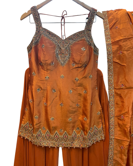 Size 12 (38") - Rust / Burnt Orange - Designer Ladies Medium Length Sleeveless Top Palazzo Trousers Suit - VMK Varuna RA