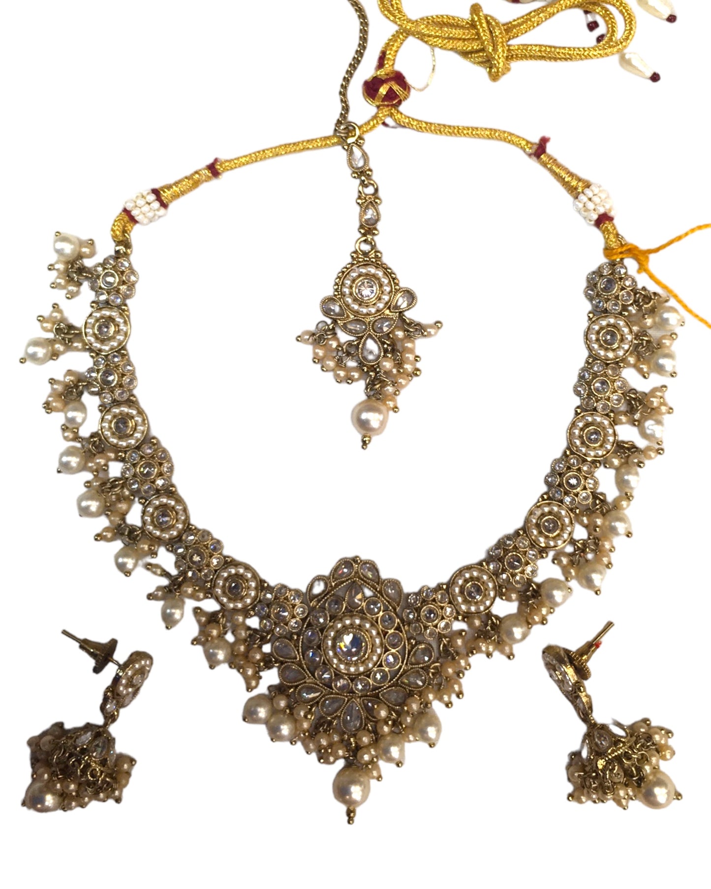 Gold / Neutral - Medium Size Antique Gold Finish Necklace Set with Earrings - SLV50  KR 0424