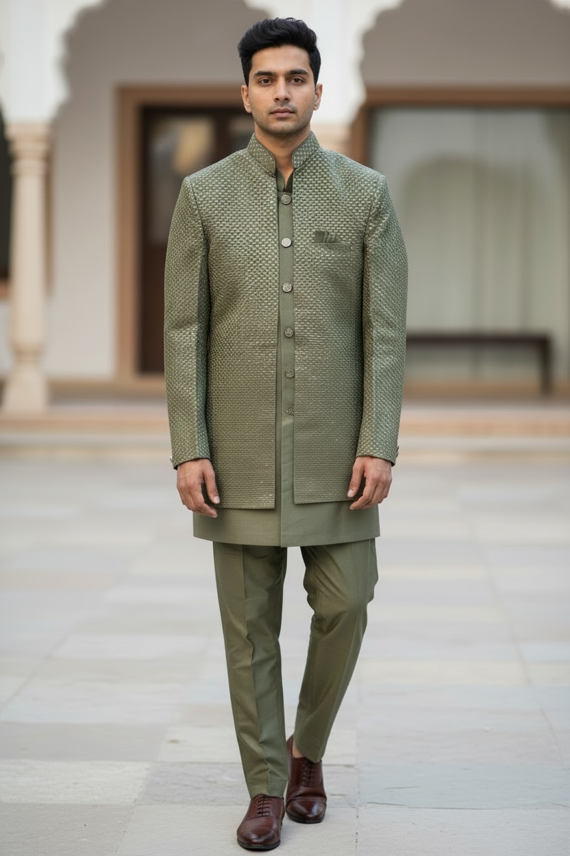 Sage Green - Mens Knee Length  Jacket with Long Waistcoat - Sherwani / Indo-Western - Fantastic Fit - KCS6600 03PV26