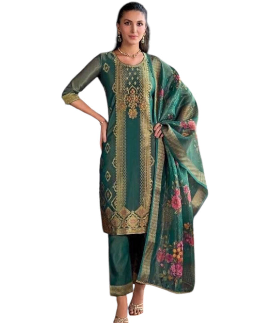 Teal Blue - Banarasi Handloom Ladies Indian Salwar Suit with Printed Dupatta - Available in Size 10 (36") LL-FAR22402 TY 1024
