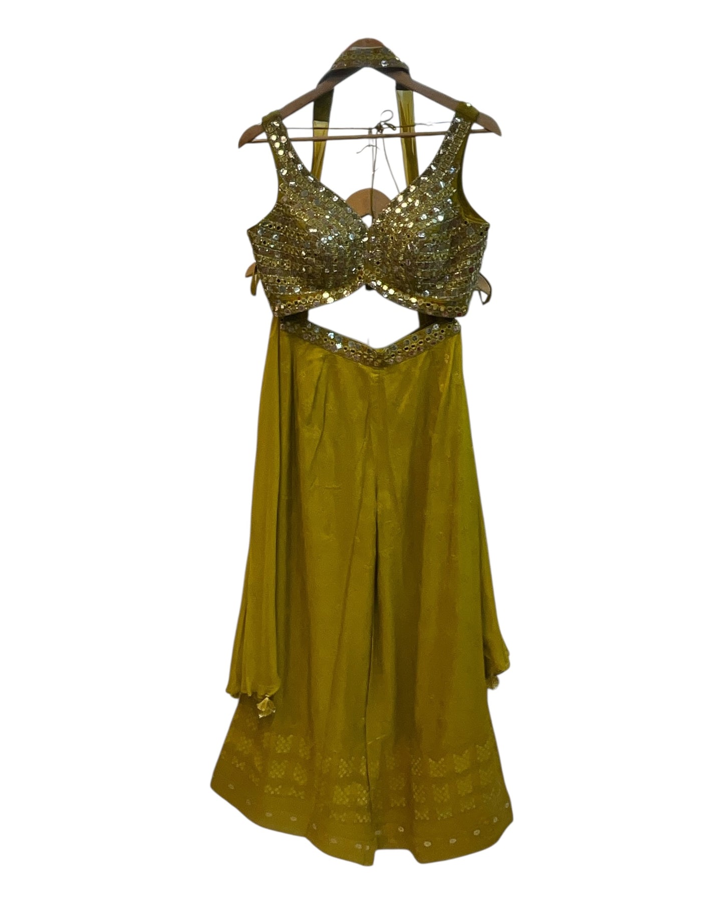 Olive Green - Designer Ladies Short Top Palazzo Trousers Suit - Size 12 (38") - VMK Hazel PR