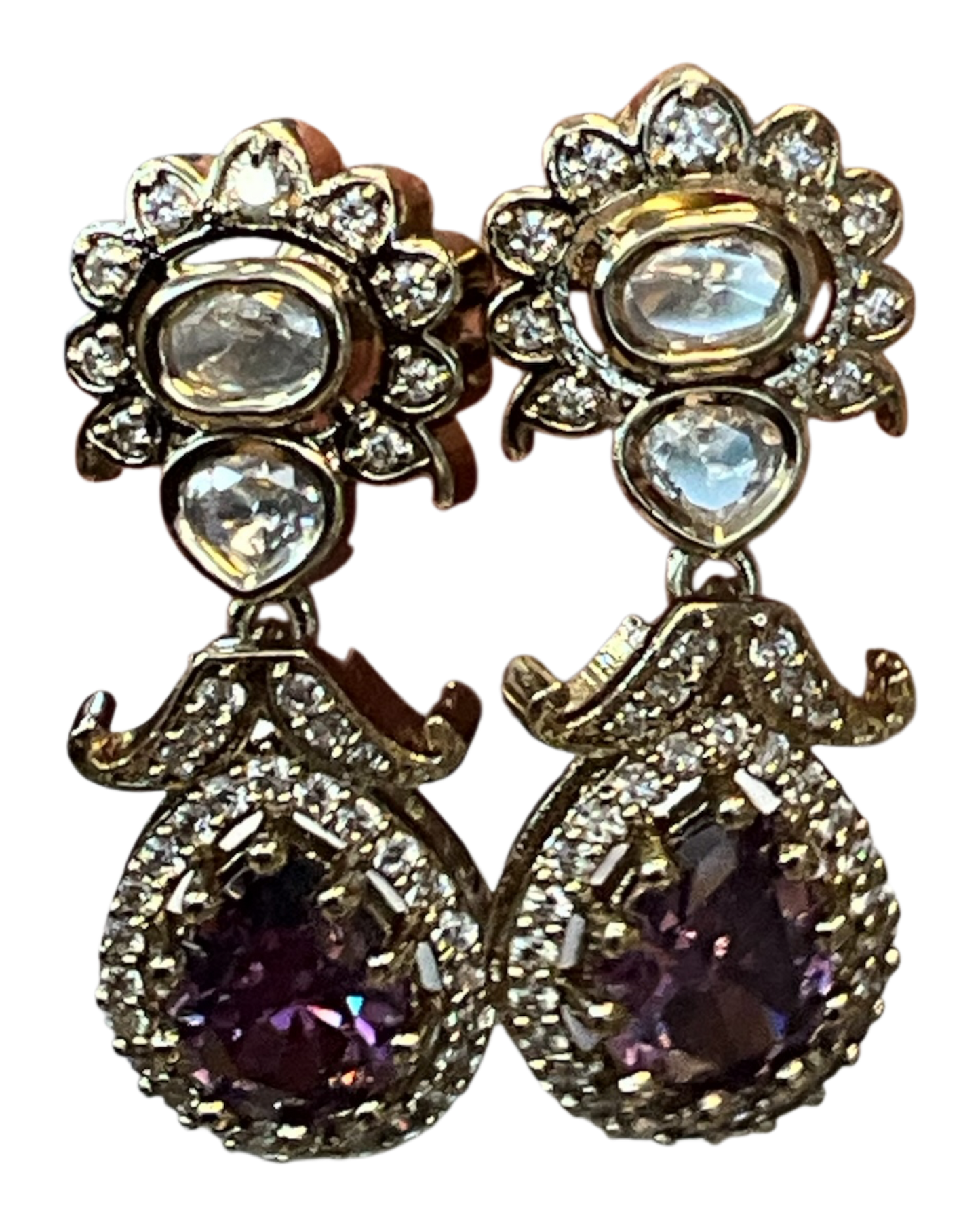 Purple - Small - Antique Gold Finish Traditional Earrings - Bollywood - Weddings - 15ER715 07J26