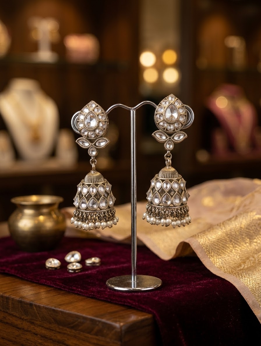 Clear - Royal Teardrop Kundan & Pearl Jhumka Earrings - 6JE06 10Pp26
