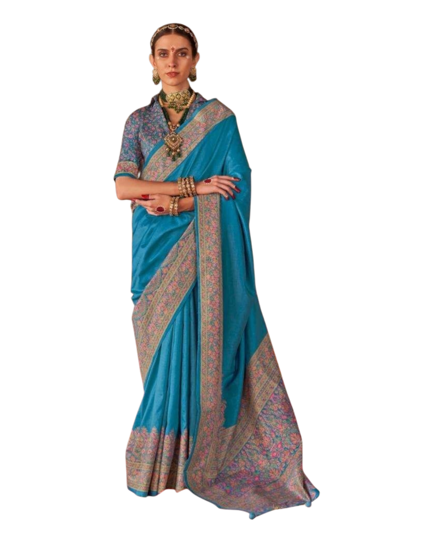 Turquoise Blue - Traditional Block Printed Dupion Silky Saree with Blouse Piece - UK Stock - 2/3 days Delivery  12KC25 K912
