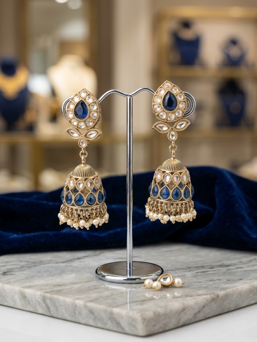 Navy Blue - Royal Teardrop Kundan & Pearl Jhumka Earrings - 6JE06 10Pp26