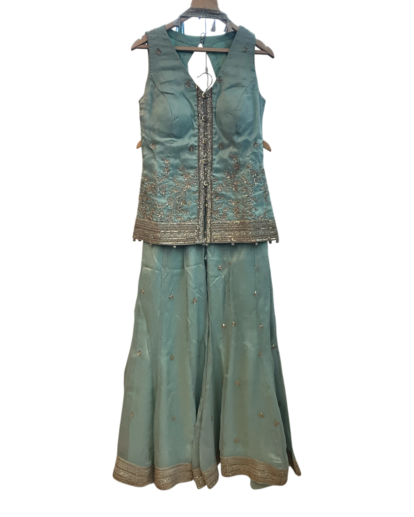 Size 12 (38") - Sea Green - Designer Ladies Mid Length Top Palazzo Trousers Suit - VMK Rachel AY