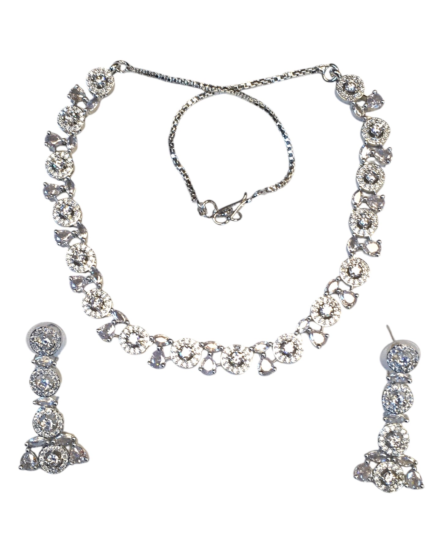 Clear - American Diamond Style Silver Finish Small Size Necklace Set with Earrings - AE2423 11C24