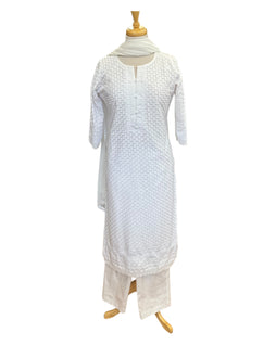 White - Cotton Ladies Salwar Kameez with Chiffon Dupatta - Elbow Length Sleeves - Funeral  / Church KTC250401 KR