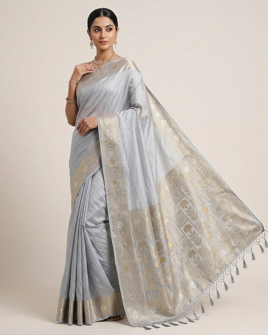 Silver Grey - Traditional Handloom Saree with Blouse Piece - UK stock - 24hr Dispatch - SP2630 KP