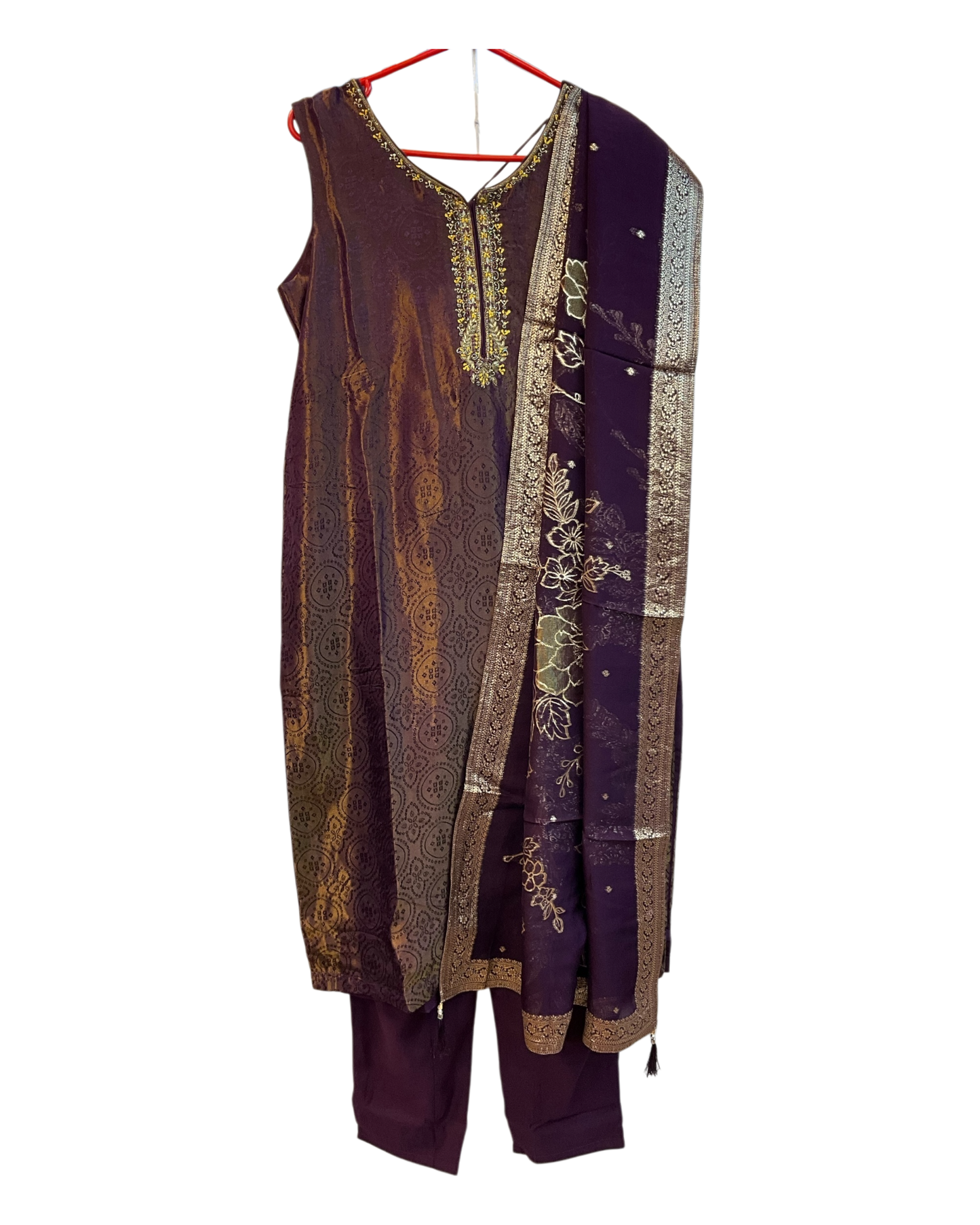 UK 14 / 40" - Wine - Silky Brocade Ladies Trousers Suit - Sangeet / Henna / Temple - OC42169 TJ
