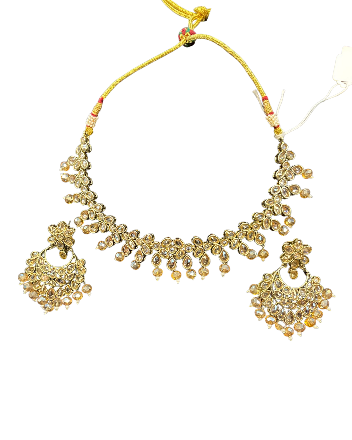 Crystal / Neutral - Medium Size Antique Gold Finish Necklace Set with Earrings & Head Piece - KAJ1016 03KK26
