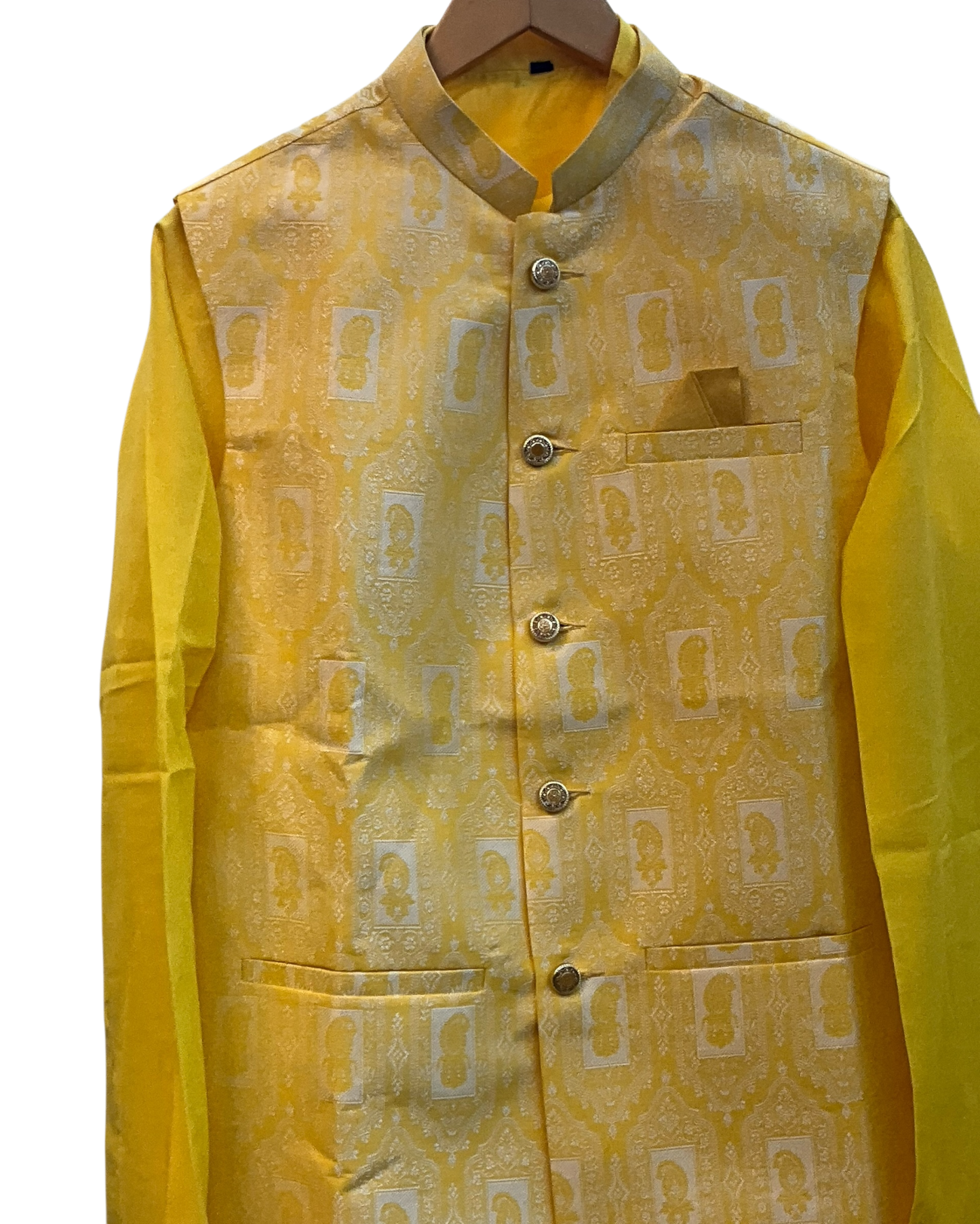 Haldi Yellow - Mens Kurta Set with Rich Brocade Waistcoat  - UK Stock - Quick Dispatch - SHU2603 05VV26
