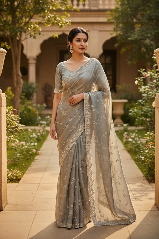 Champagne - Fancy Embroidered Saree with Blouse Piece - UK stock - 24hr Dispatch - SP250627 TV