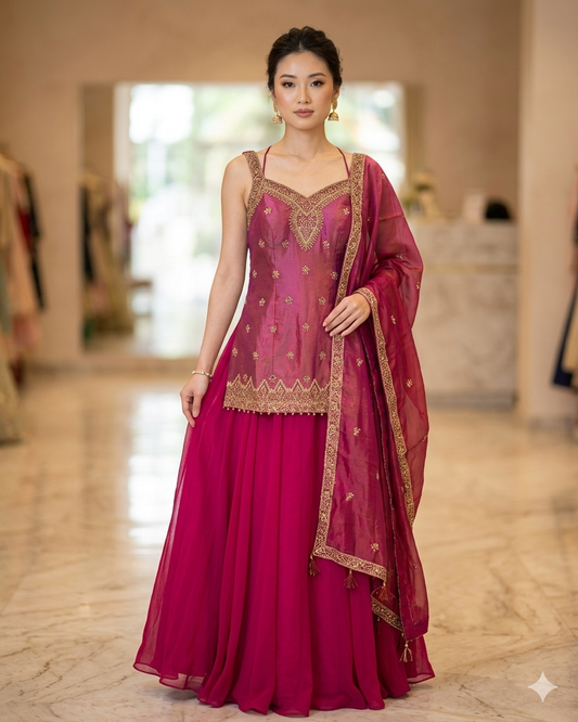 Size 12 (38") - Fuchsia / Magenta Pink - Designer Ladies Medium Length Sleeveless Top Palazzo Trousers Suit - VMK Varuna RA