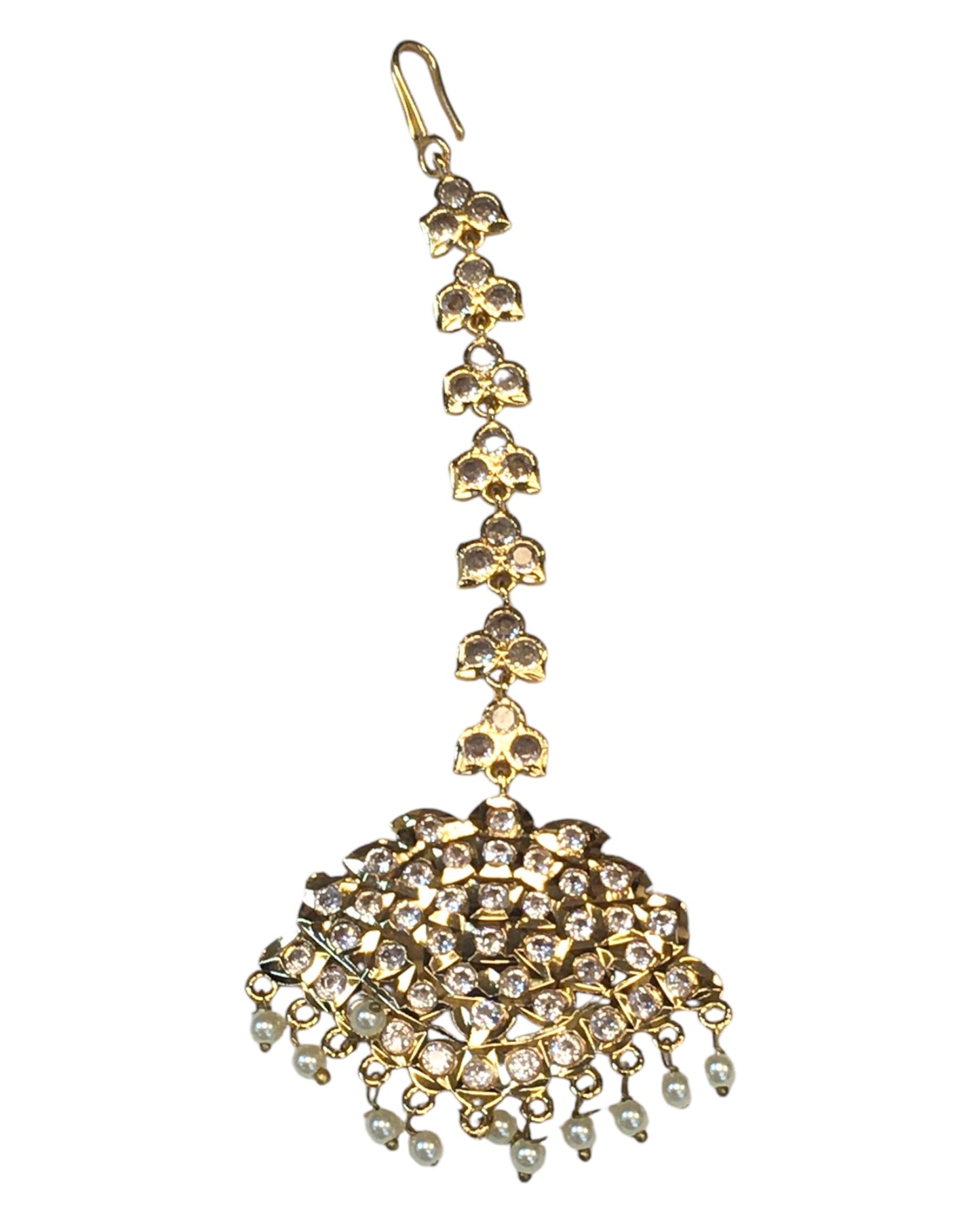 Gold & Pearl - Long necklace, Short Necklace, Earrings & Tika Headpiece Gold Finish Necklace Set with Earrings - SB2401 11KR24